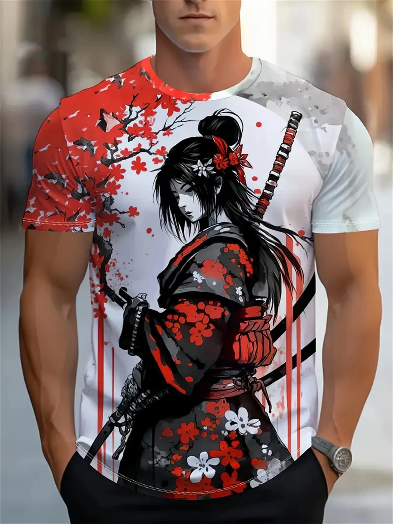 Sakura Samurai Pattern Men's T Shirt Japanese Anime Harajuku Short Sleeve Tees Hip Hop Trend Streetwear Casual O-neck Loose Tops
