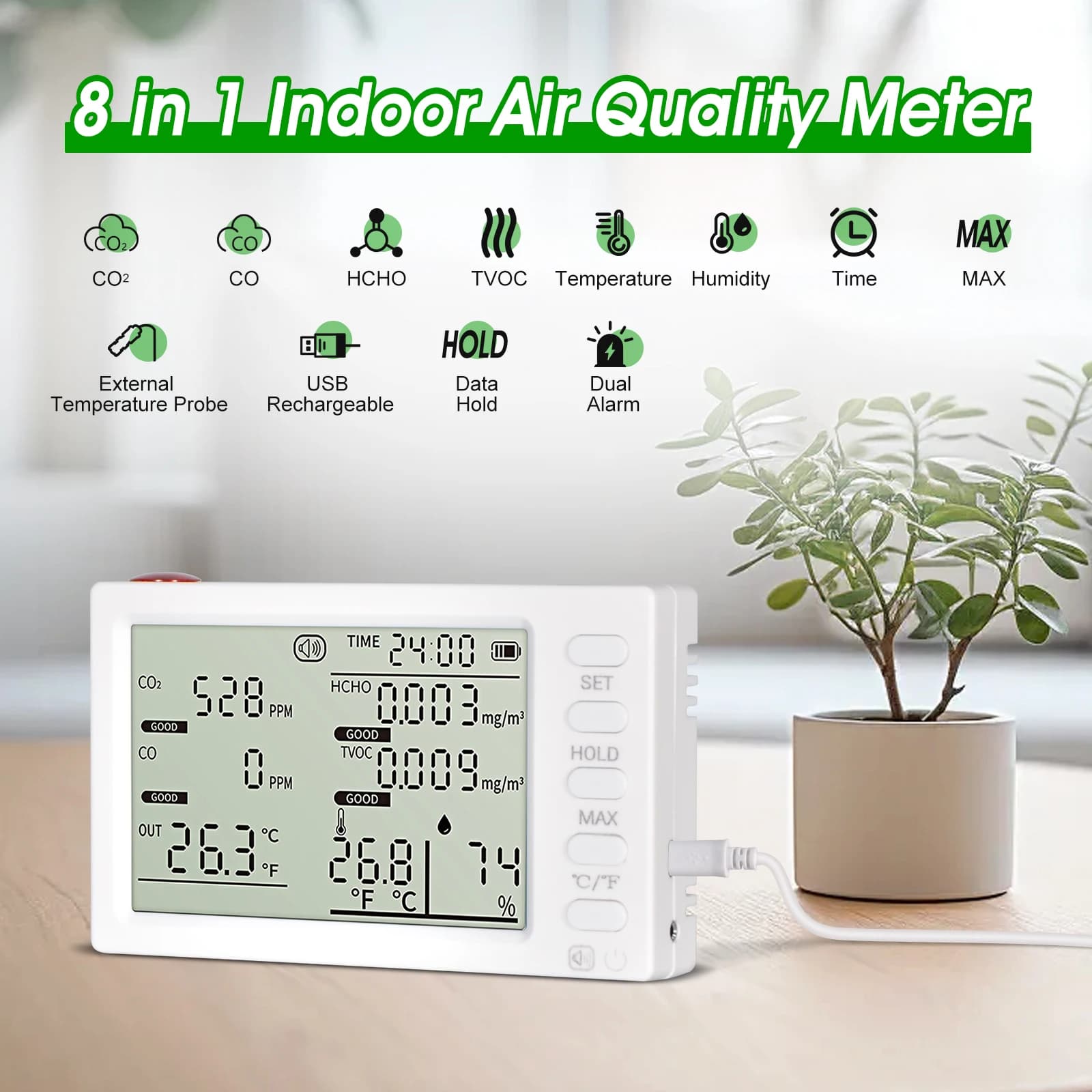 8-in-1 Air Quality Monitor CO2 HCHO TVOC CO Detector Temperature Humidity Indoor Air Tester with Probe Portable USB Rechargeable