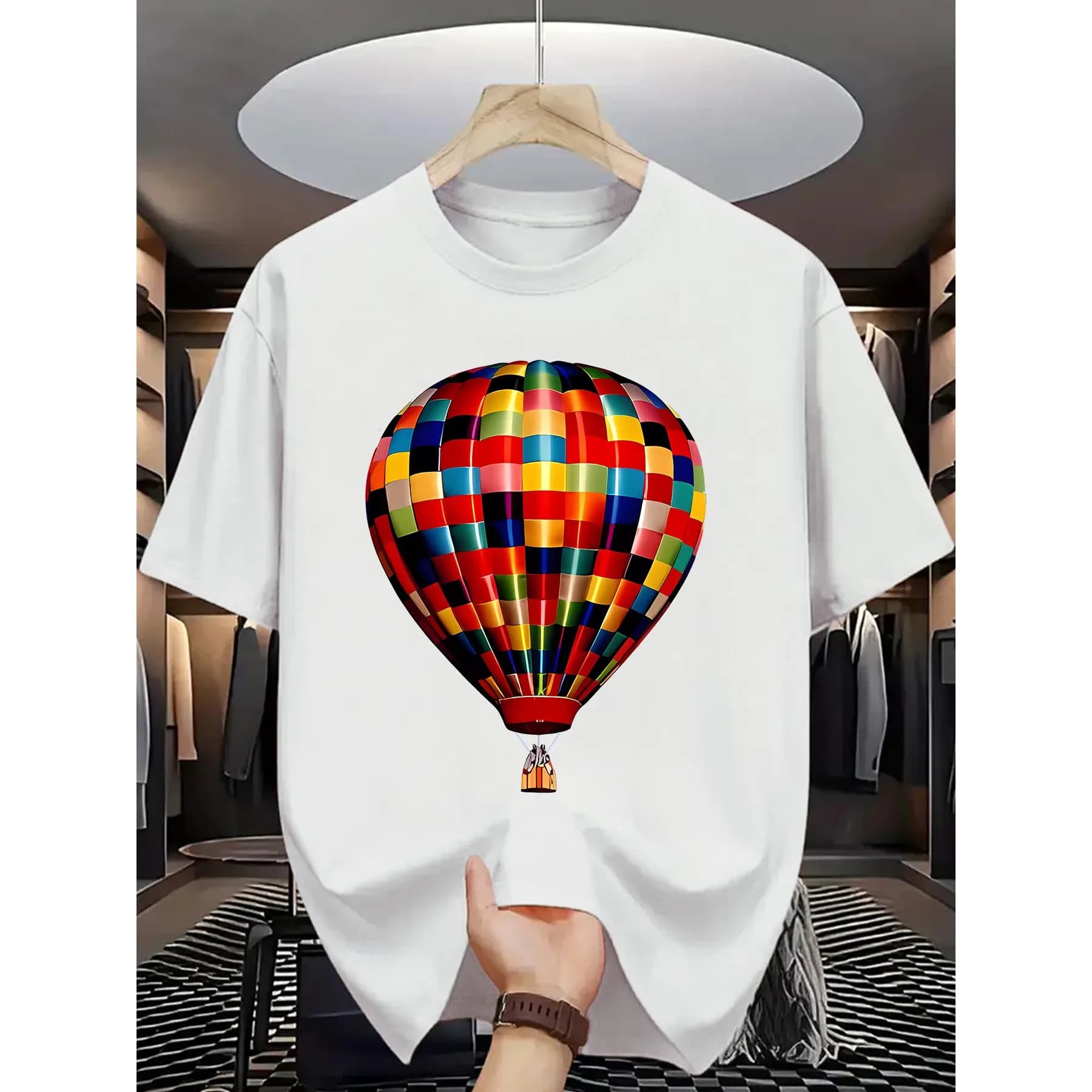 Colorful Hot Air Balloon Print Men's Graphic Tee Cotton Crew Neck Casual Daily T-Shirt