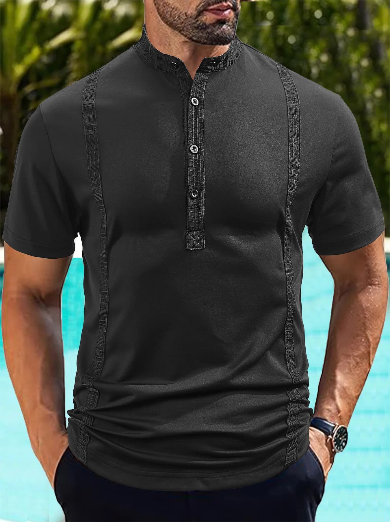 Men's summer casual Henry shirt - breathable, pure color, high-quality, loose fit, suitable for casual shopping and beach wear.