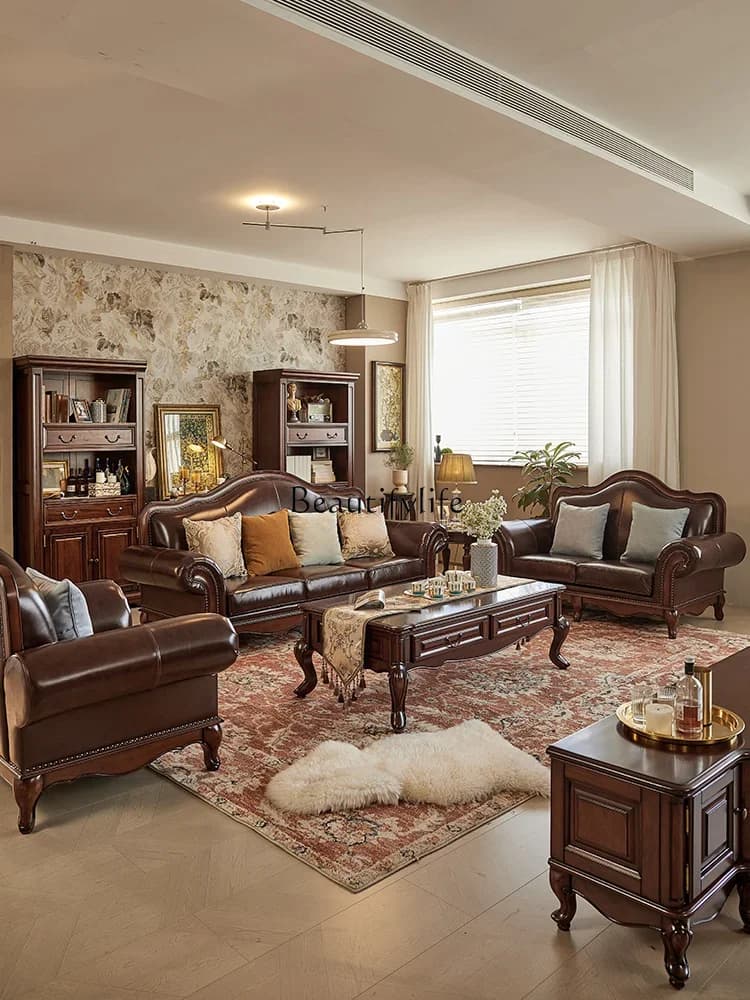 neoclassical gold silk teak all solid wood leather sofa combination