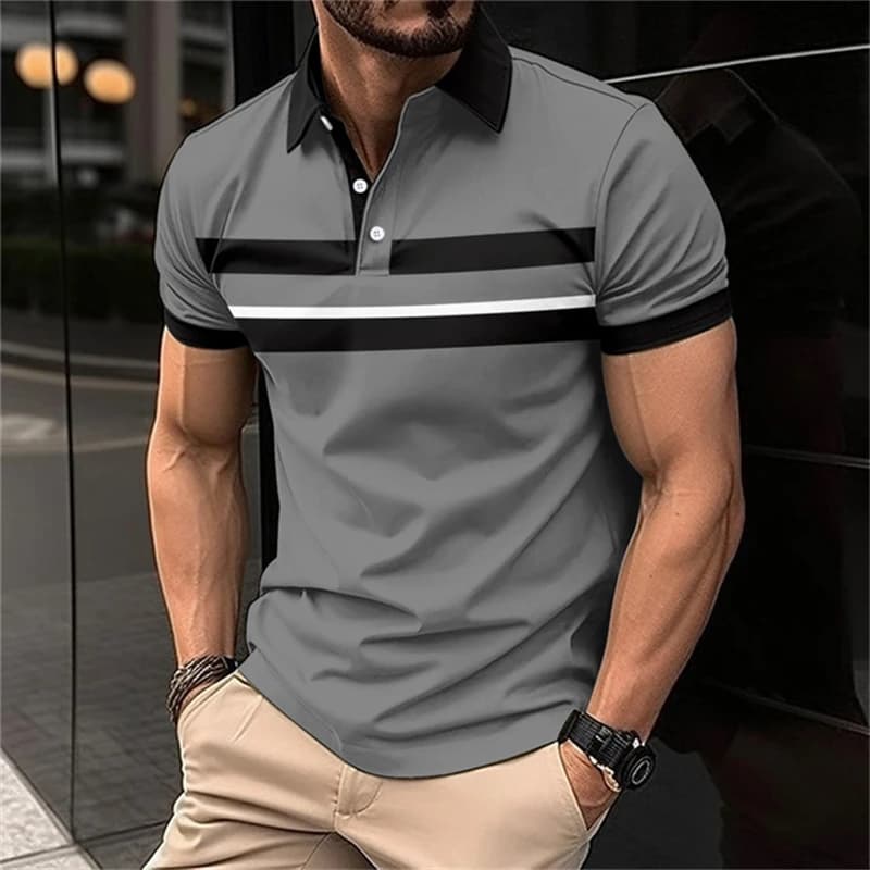 Simple Stripe Print Polo T Shirt For Men Hip Hop Trend Streetwear Business Casual Lapel Short Sleeve Loose Top Fashion Golf Wear