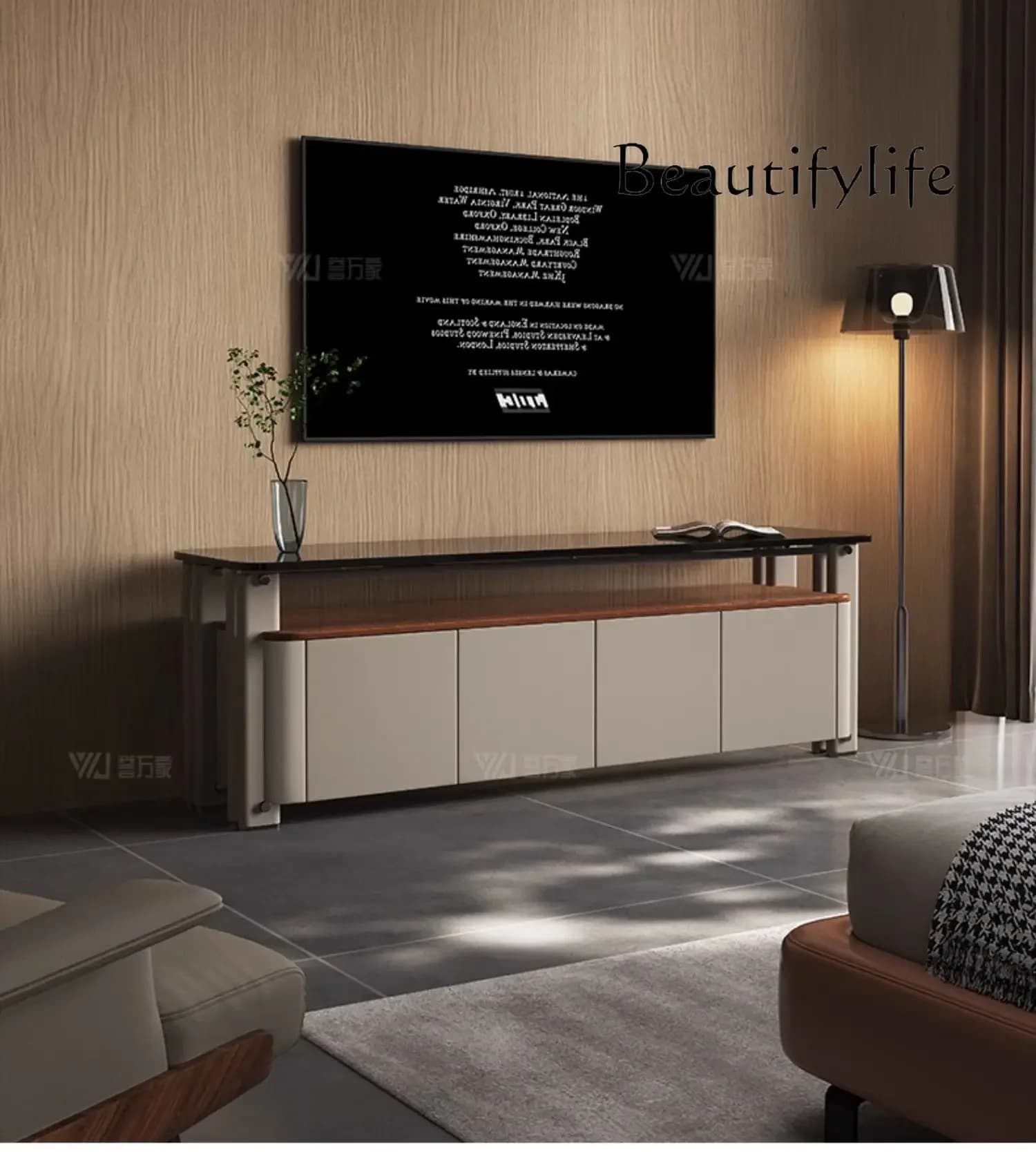 SS Italian Minimalist TV Cabinet Storage Locker Integrated Light Luxury High-end Walnut Solid Wood TV Cabinet