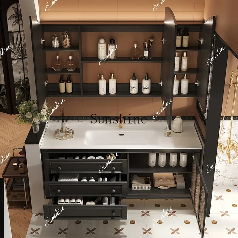 Medieval rattan bathroom ceramic integrated basin cabinet combination new bathroom washstand  FT