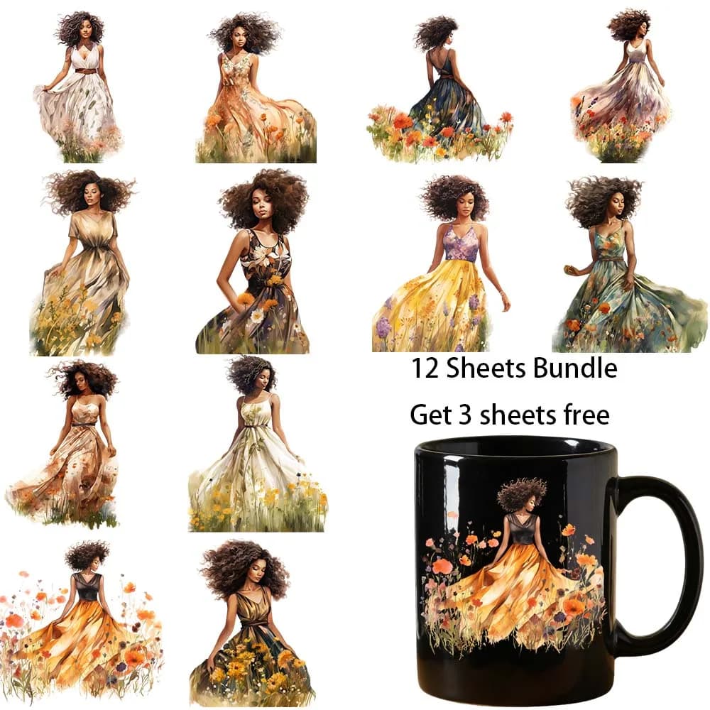 12 sheets bundle 4 inches Elegant woman UV Sticker Party DIY Decals 3D transfers uvdtf tumbler stickers 16oz uv dtf cup wraps