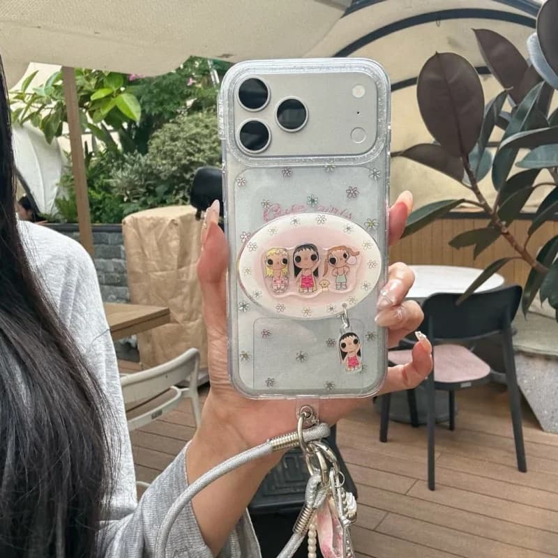 Clear Glitter Little Flower Cute Girl Phone Case For iPhone 17 Pro 16 15 Pro Max Cover with Stand Hand Rope Shockproof Cases Fun
