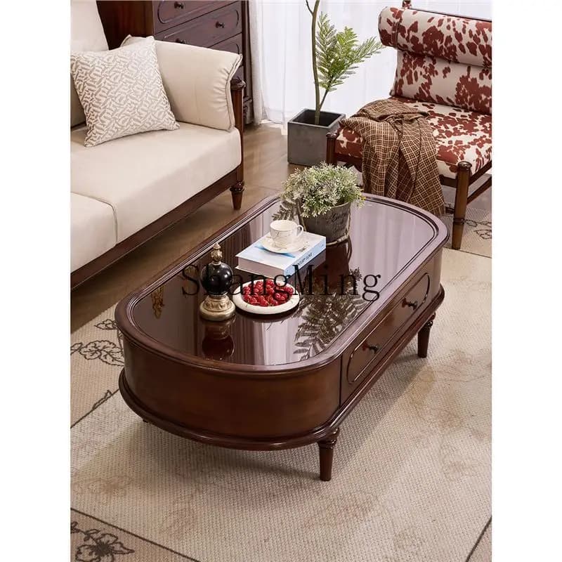 SM medieval solid wood coffee table TV cabinet combination living room retro glass storage coffee table