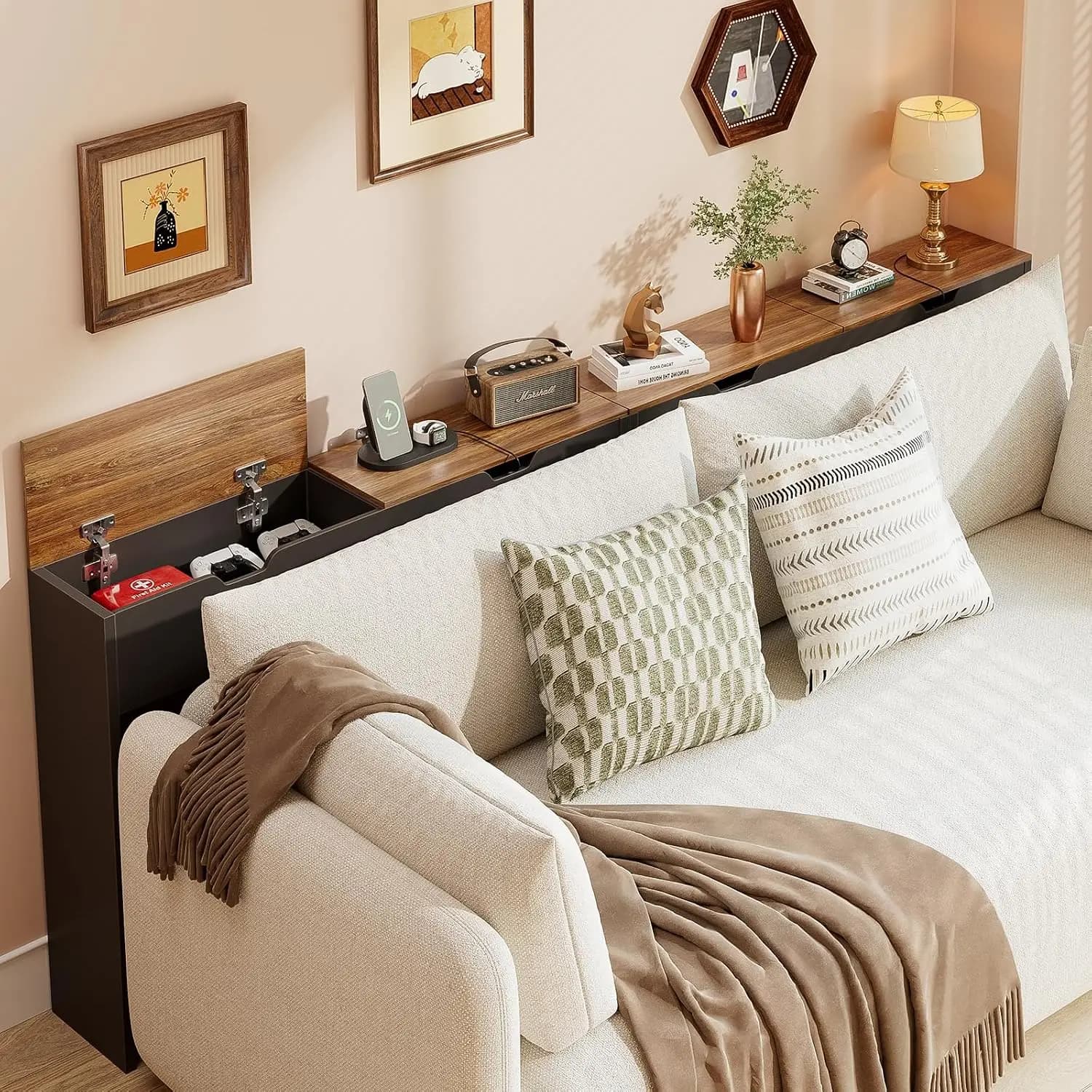 78.7" Flip Top Behind Couch Table with Outlets and Storage, Brown | Narrow Console Table, Long Sofa Table, Customized