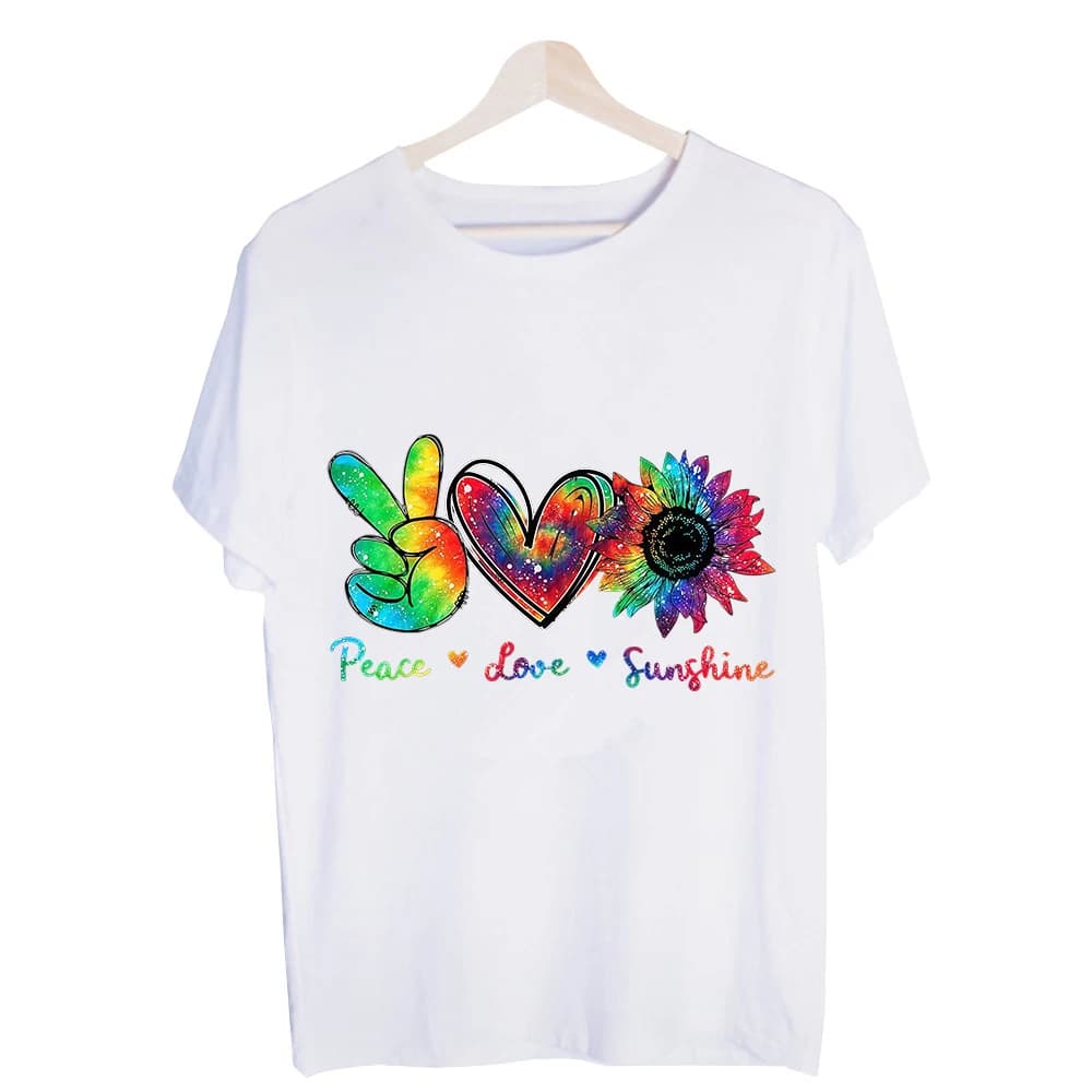 Women's Peace Sign Heart Sunflower Graphic Tee, Short Sleeve Crew Neck T-Shirt for Summer Casual and Positive Vibes Outfits