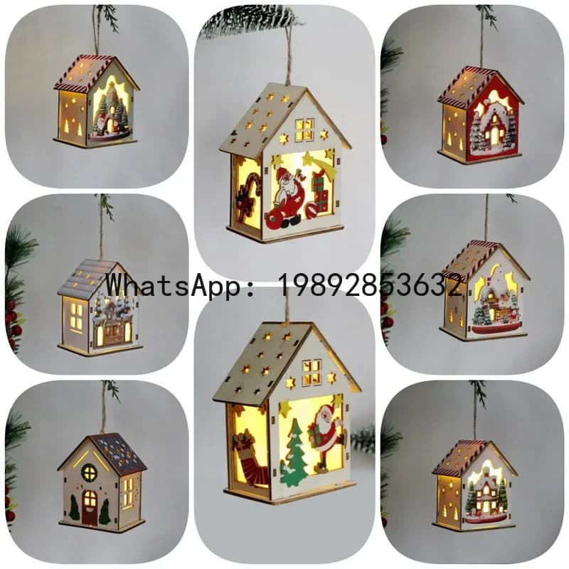 x15 Christmas Supplies Wooden Luminous Colored Cottage Christmas Ornaments Wooden House Pendants --2pcs