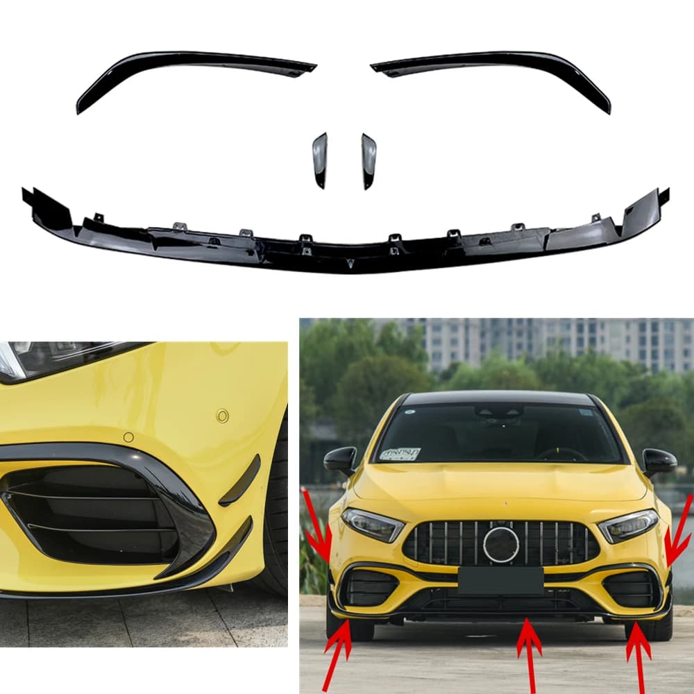 Front Bumper Spoiler Lip For Mercedes Benz A-Class A45 AMG W177 Hatchback 2018 2019 2020 2021 Black Car Lower Splitter Canards