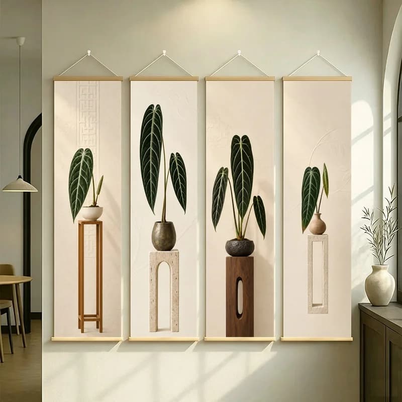 Botanical Wall Art 4-Panel Striped Tropical Leaf Vase Scroll Set on Beige Silver Shimmer Canvas for Modern Living Room Decor