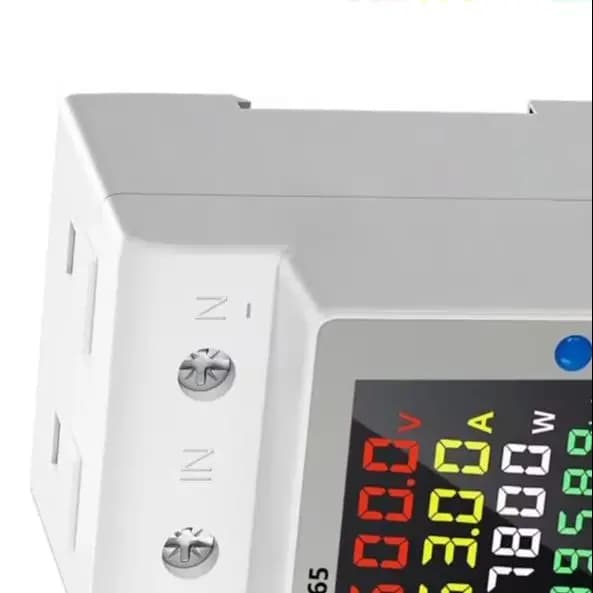 4-in-1 Din Rail Energy Meter DC14-600V 63A with LCD Display, Auto Power-off, Data Storage, Measures V/A/W/kWh.