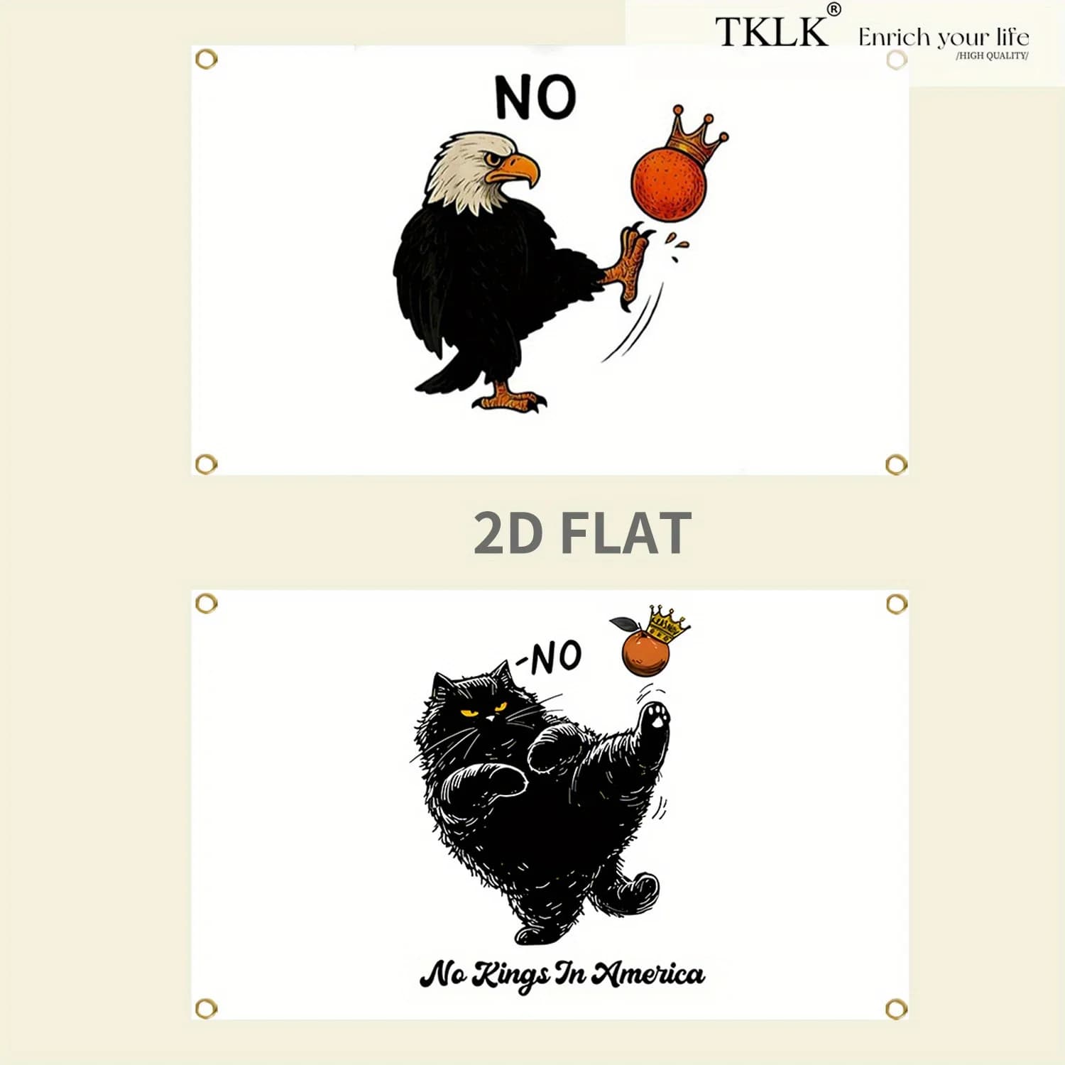1pc No King In America Banner, Funny Black Cat/Eagle kicks the ball away Design Flag, Polyester Fabric Flag with 4 Grommets