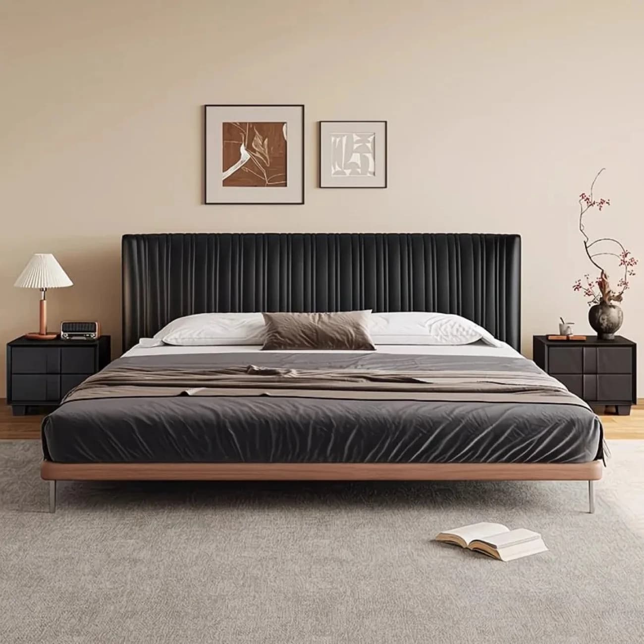 Yjq Italian light luxury leather bed modern bedroom bed ultra-thin bedside double luxury soft wedding bed