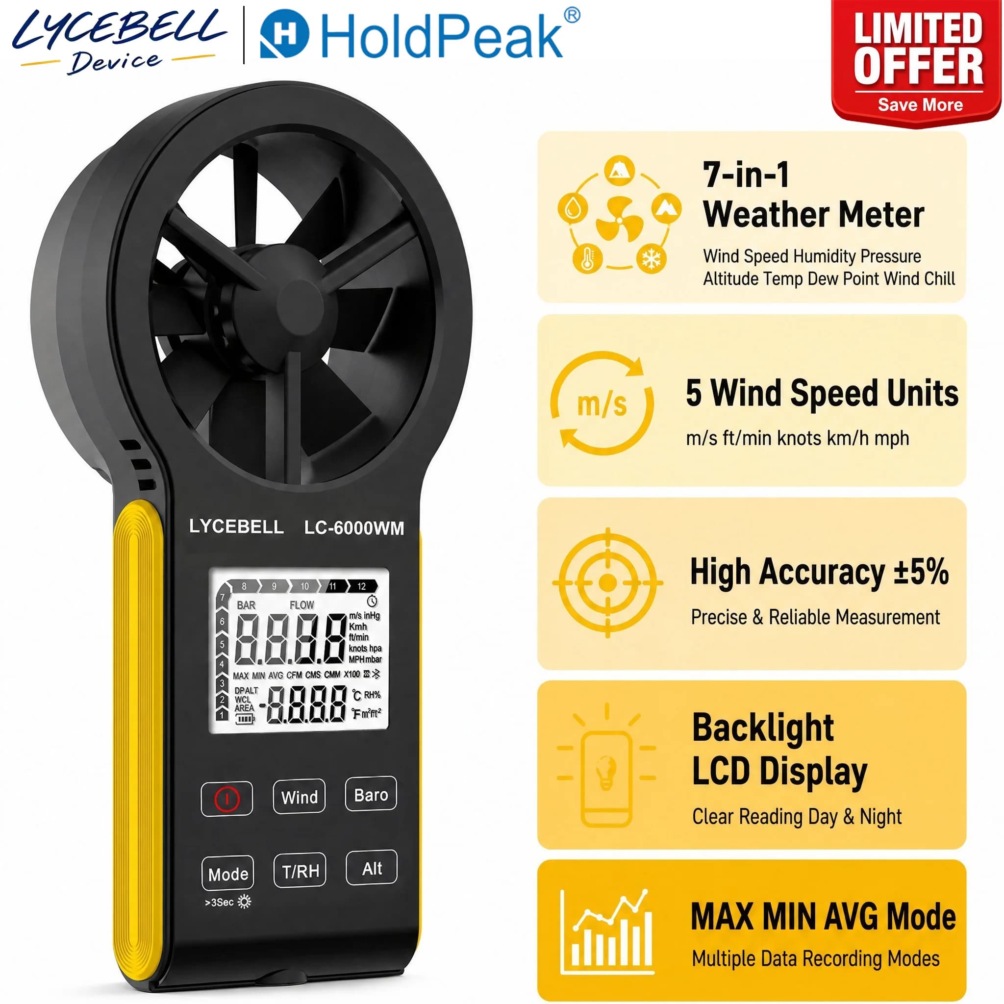 7 in 1 Handheld Anemometer Wind Speed Meter Digital Air Flow Gauge with Humidity Barometric Pressure Dew Point Wind Chill