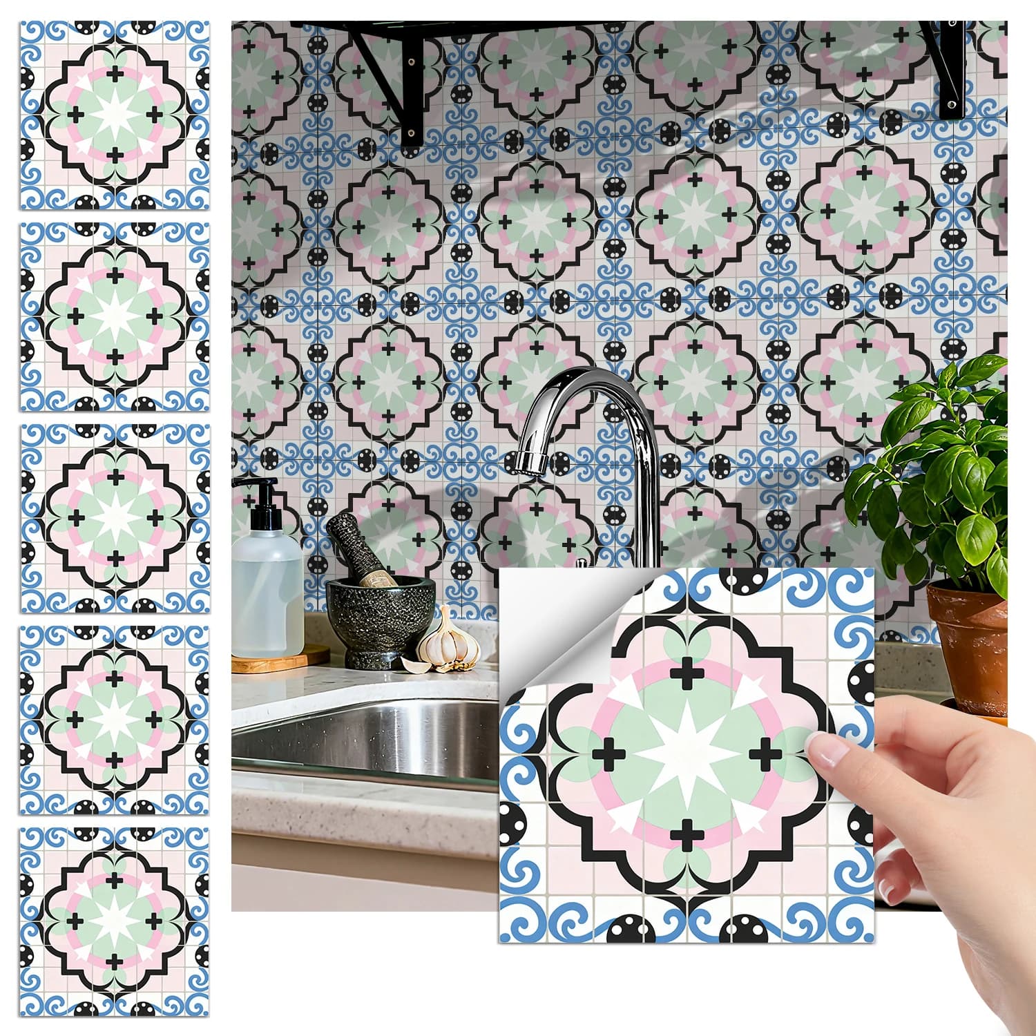 36Pcs Vintage Floral Tile Stickers, Self-Adhesive Peel and Stick Wall Decals, Waterproof for Kitchen Bathroom Home Decor