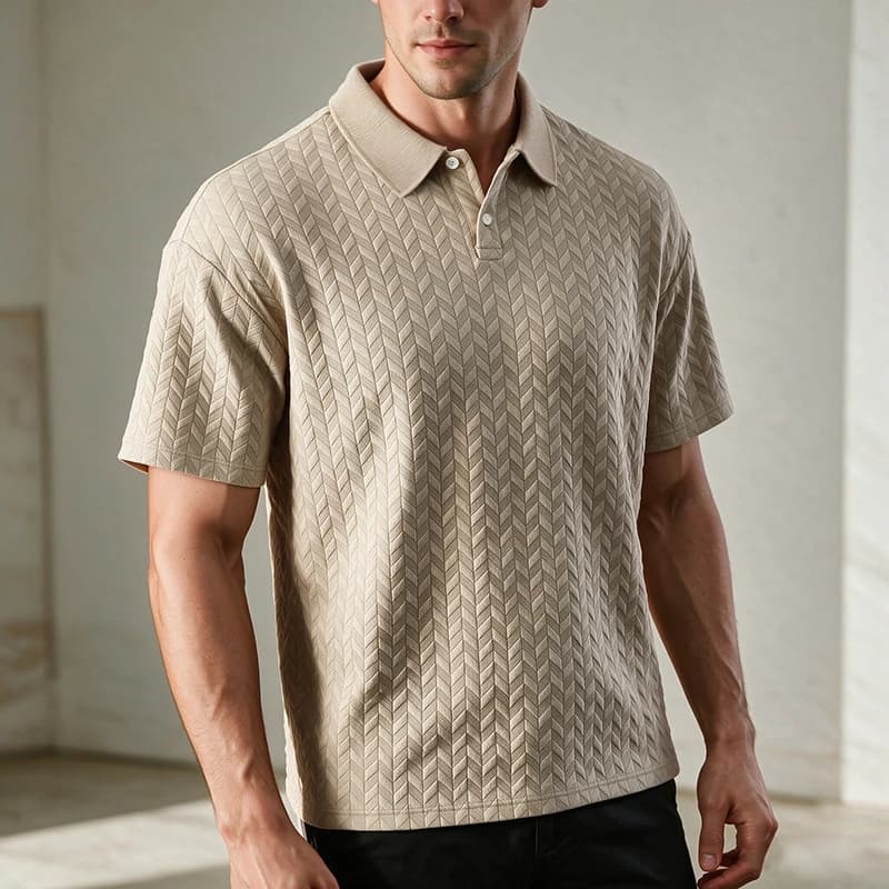 Men Textured Jacquard Polo Shirt Short Sleeve Loose Fit Versatile Daily Street Vacation Leisure Summer Casual Tops