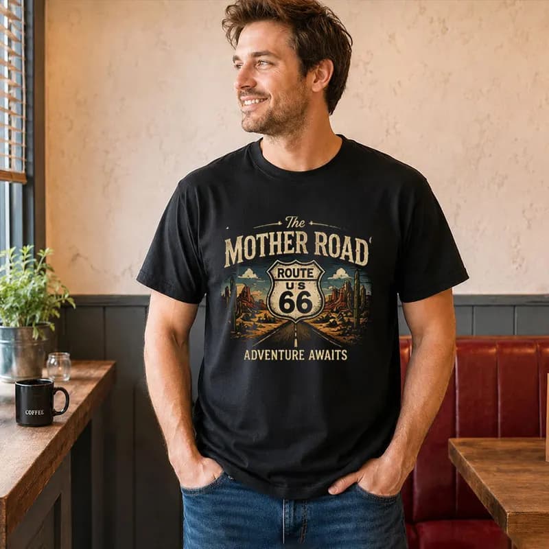Vintage Retro Mother Road Route 66 Graphic T Shirt Classic American Highway Road Trip Gift Americana Biker Travel Unisex Tee