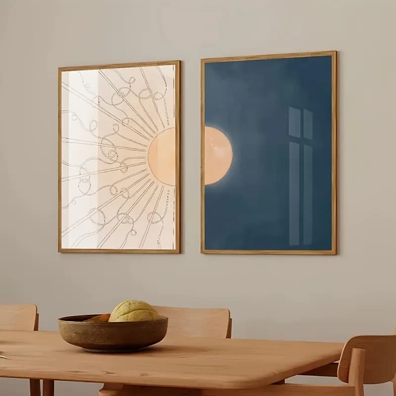 Vintage Art Sun and Moon Mid Century Style Art Poster Print Wall Art Canvas Painting Bedroom Living Room Wall Decoration 2PCS