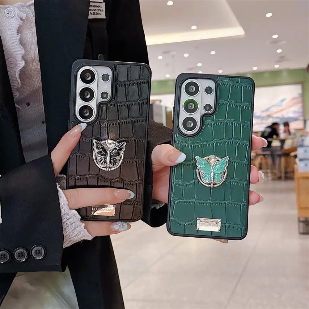 Y2K Luxury Butterfly Stand Phone Case for S26 Ultra Crocodile Pattern Ring Holder Protect Cover for SamSung Galaxy S25 S24 S23