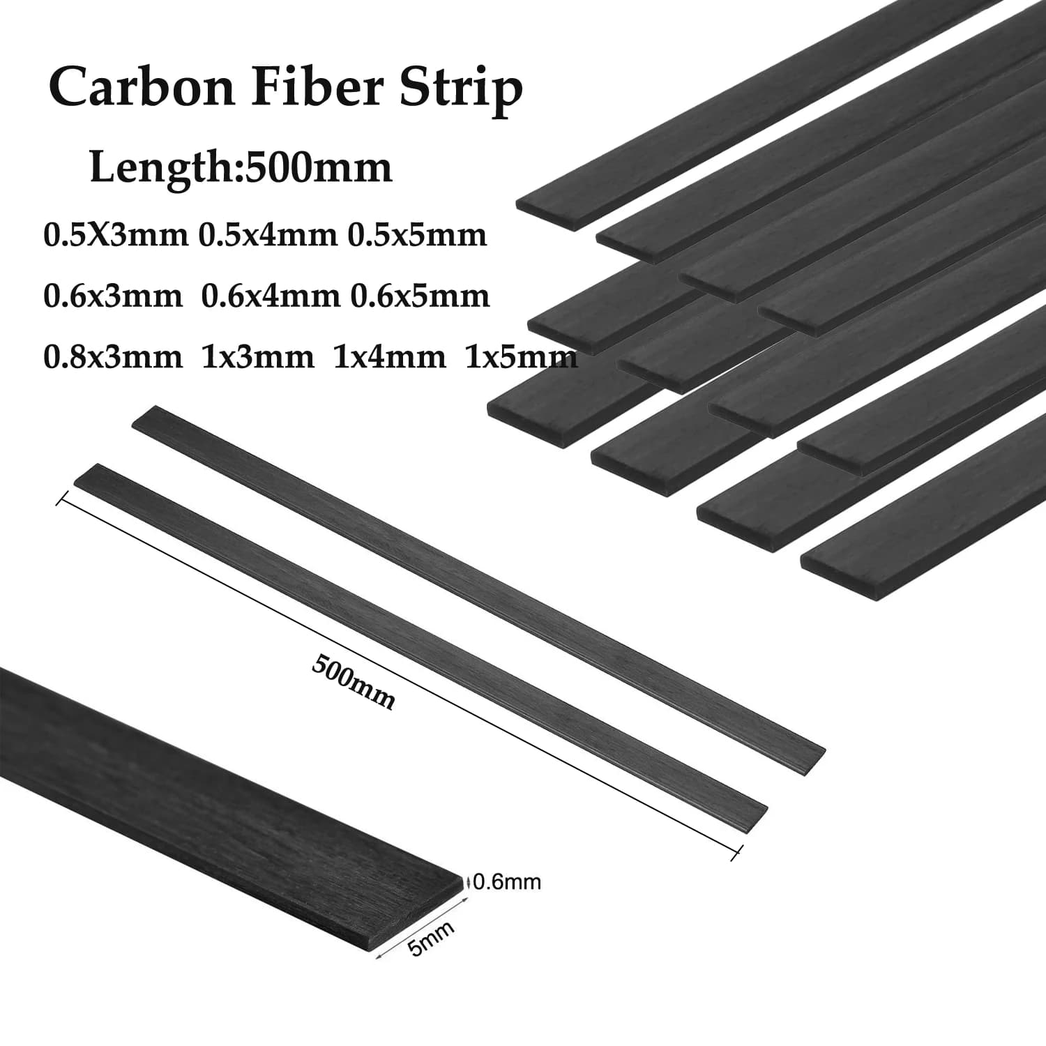500mm Pultrazed Carbon Fiber Flat Solids Strip 0.3mm 0.5mm 0.6mm 0.8mm 1mm for Model Airplane DIY Quadcopter