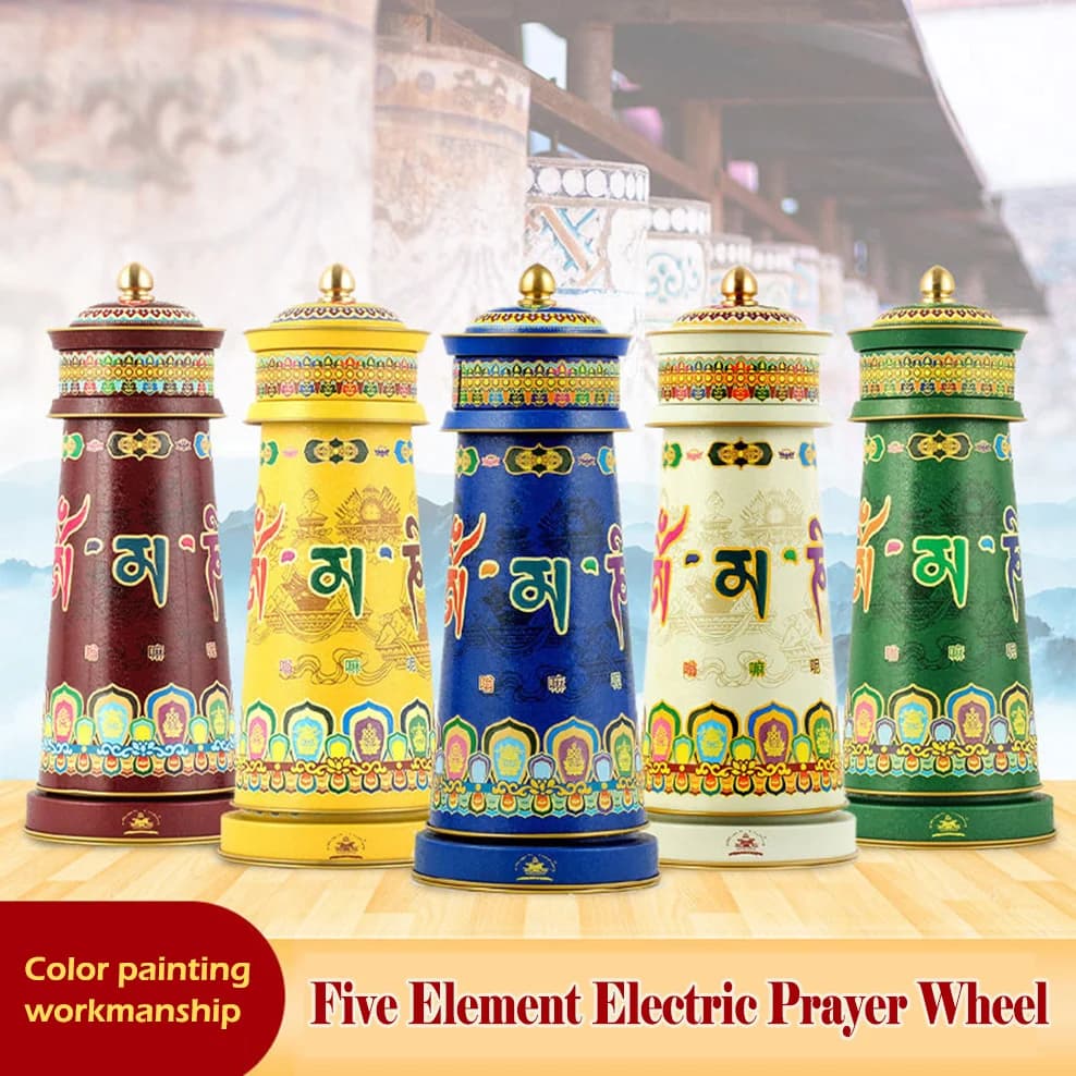 Large Electric Prayer Wheel, Plug-in Electric Five-Element Scripture Wheel, Amitabha Green Tara Mantra Prayer Wheel Ornaments