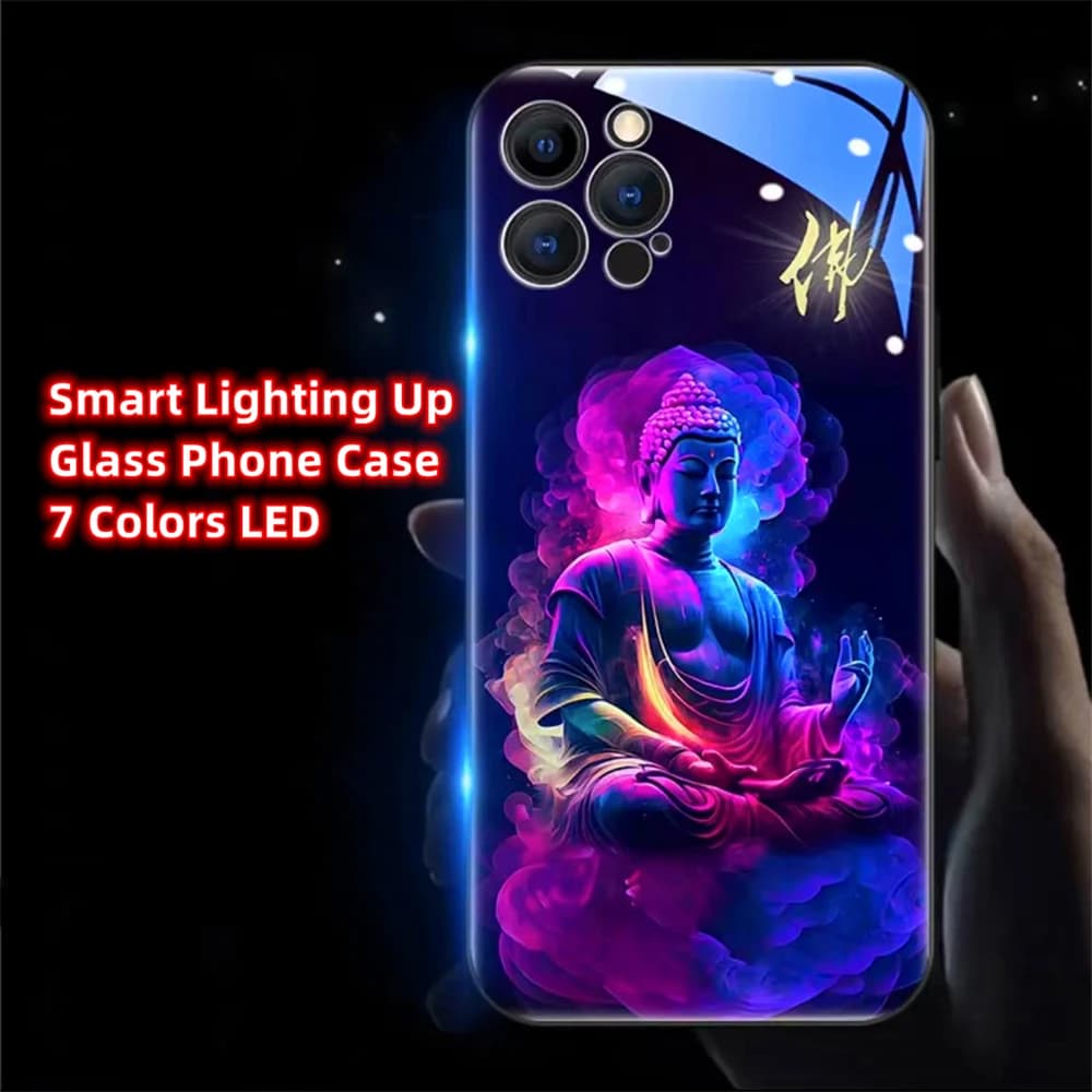 Colorful Buddha Master Smart LED Light Glow Tempered Glass Phone Case For Samsung S25 S24 S23 S22 S21 S20 FE Note 20 Plus Ultra