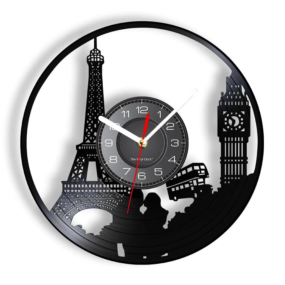 Paris London Travel Themed Vinyl Record Wall Clock Tower Big Ben Tower Unique Travel Landmark Wall Art Retro Clock Watch