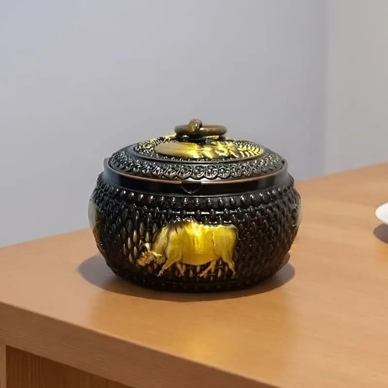 Brass five-cow ashtray with lid, a decorative piece for home use