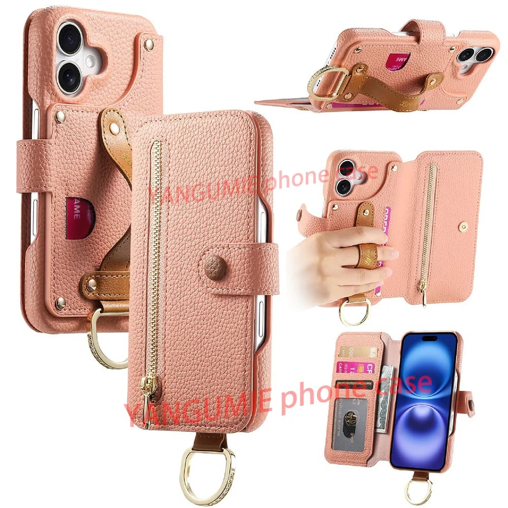 For Full range litchi grain leather back adhesive flip phone holster Apple 16 mobile phone shell card iPhone18/17 Pro Max shell