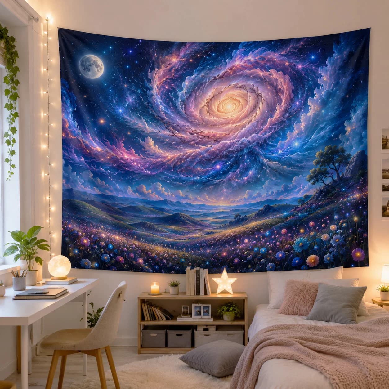 Galaxy Spiral Wall Tapestry Cosmic Starry Sky Nebula Moon Hanging Decor for Dorm Bedroom Gaming Room