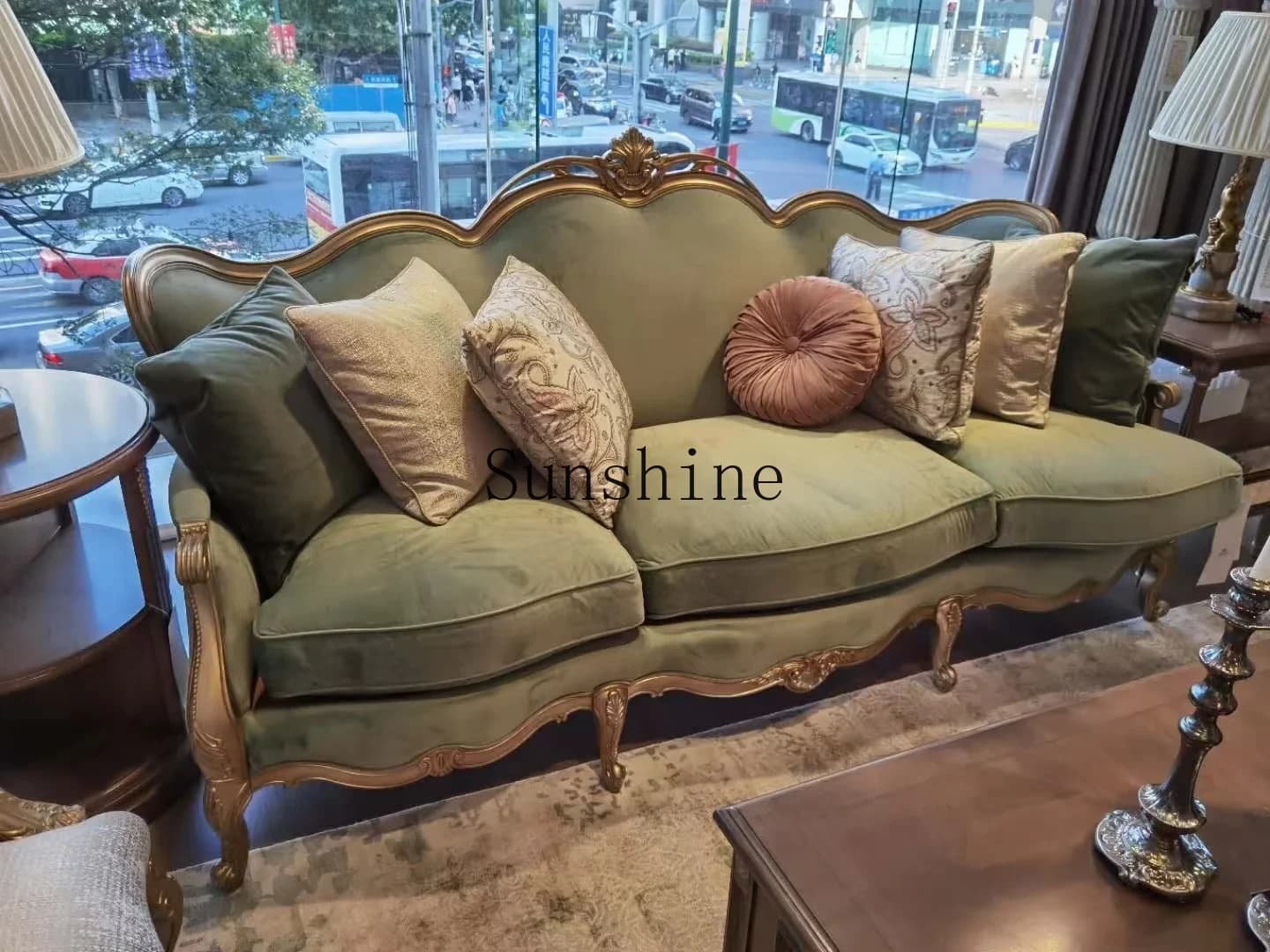 American light luxury green fabric three-person sofa combination luxury living room solid wood carving flower furniture  FT