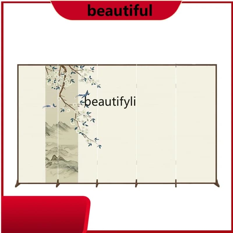 New Chinese-style simple screen partition, living room entrance folding mobile fabric blocking tea room landscape folding screen
