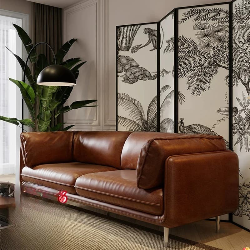 New multi-person oil wax leather sofa French retro living room double small apartment medium antique brown American sofa
