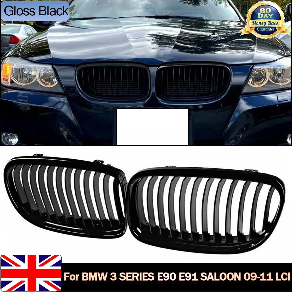 Glossy Black Front Kidney Grille Grill For BMW E90 E91 LCI Sedan 4D 2009-2011