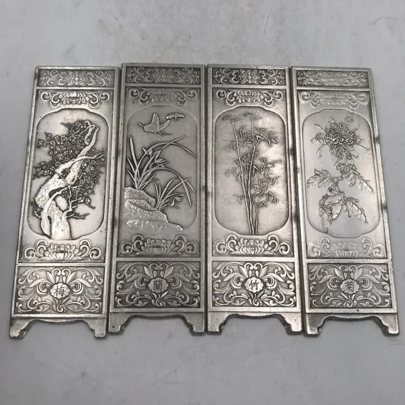 Exquisite -plated silver small screens featuring copper plum, orchid, bamboo, and chrysanthemum motifs, set of four, home