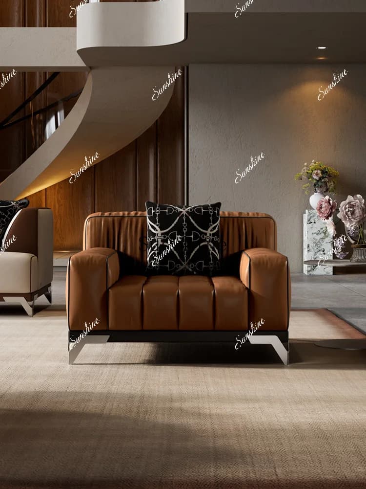 Italian light luxury casual piano keys retro living room leather sofa single chair  FT