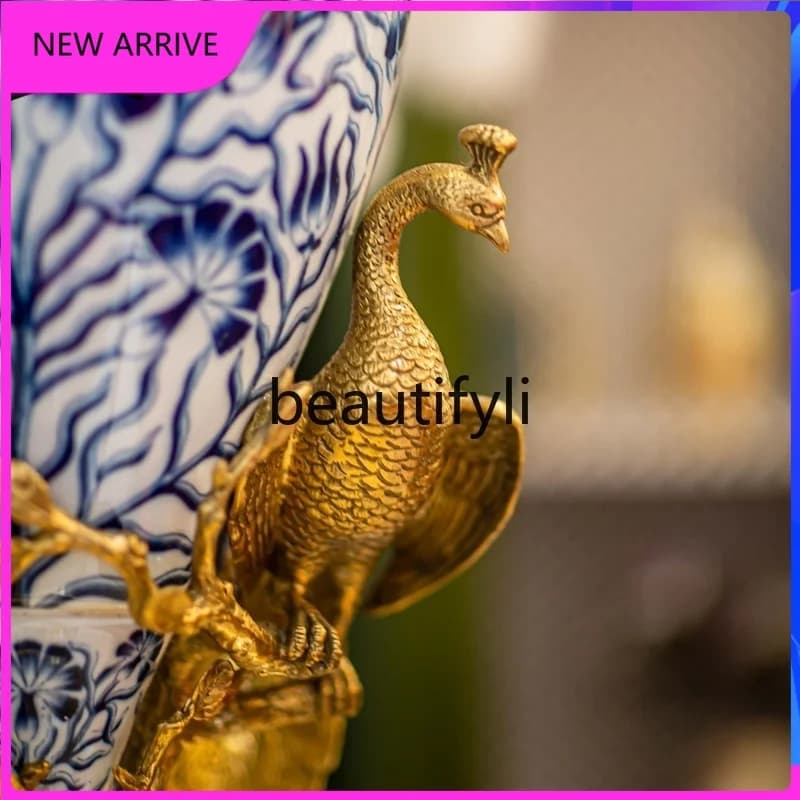 AA85  New Copper and Ceramic Vintage Soft Decoration Blue and White Porcelain Vase Stand Living Room Entrance Ornament