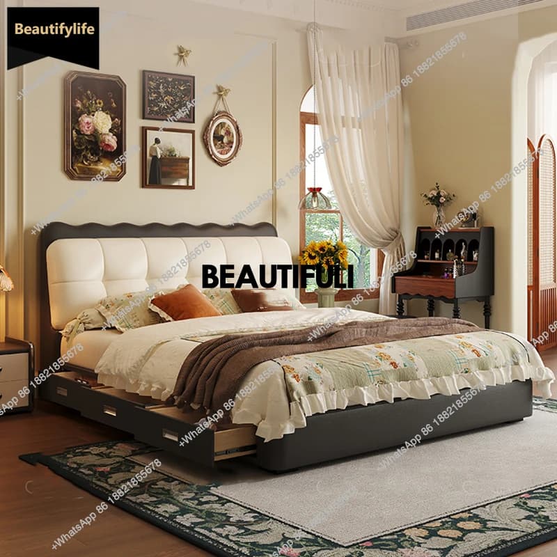 D80 Backrest Leather Double Bed Luxury Simple Black White Floor Loft King Bed Bedroom Modern Drawers Cama De Casal Bedroom Furni