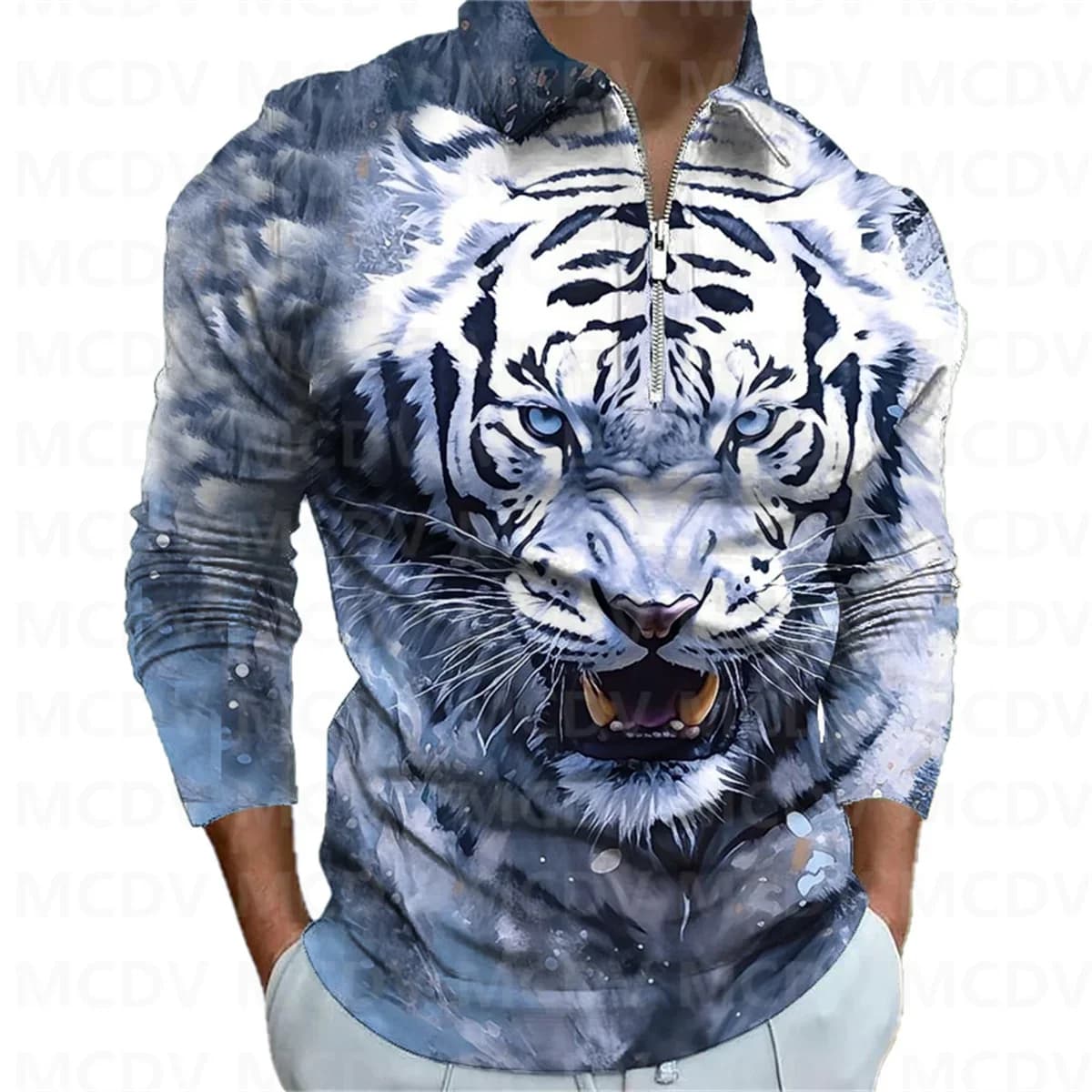 Men's Long Sleeve Zipper Polo Shirt Tiger 3D Printed Polo Long Sleeve T Shirt Casual Tops
