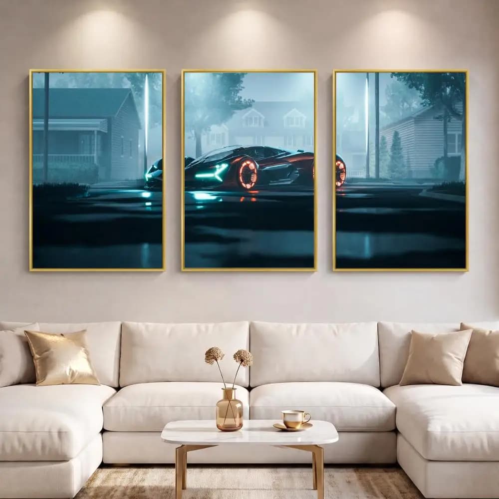Sports Car Cinematic Lighting Painting Calligraphy 3 PCS Canvas Wall Art Prints for Living Room Decor Modern Fashion Wall Decals