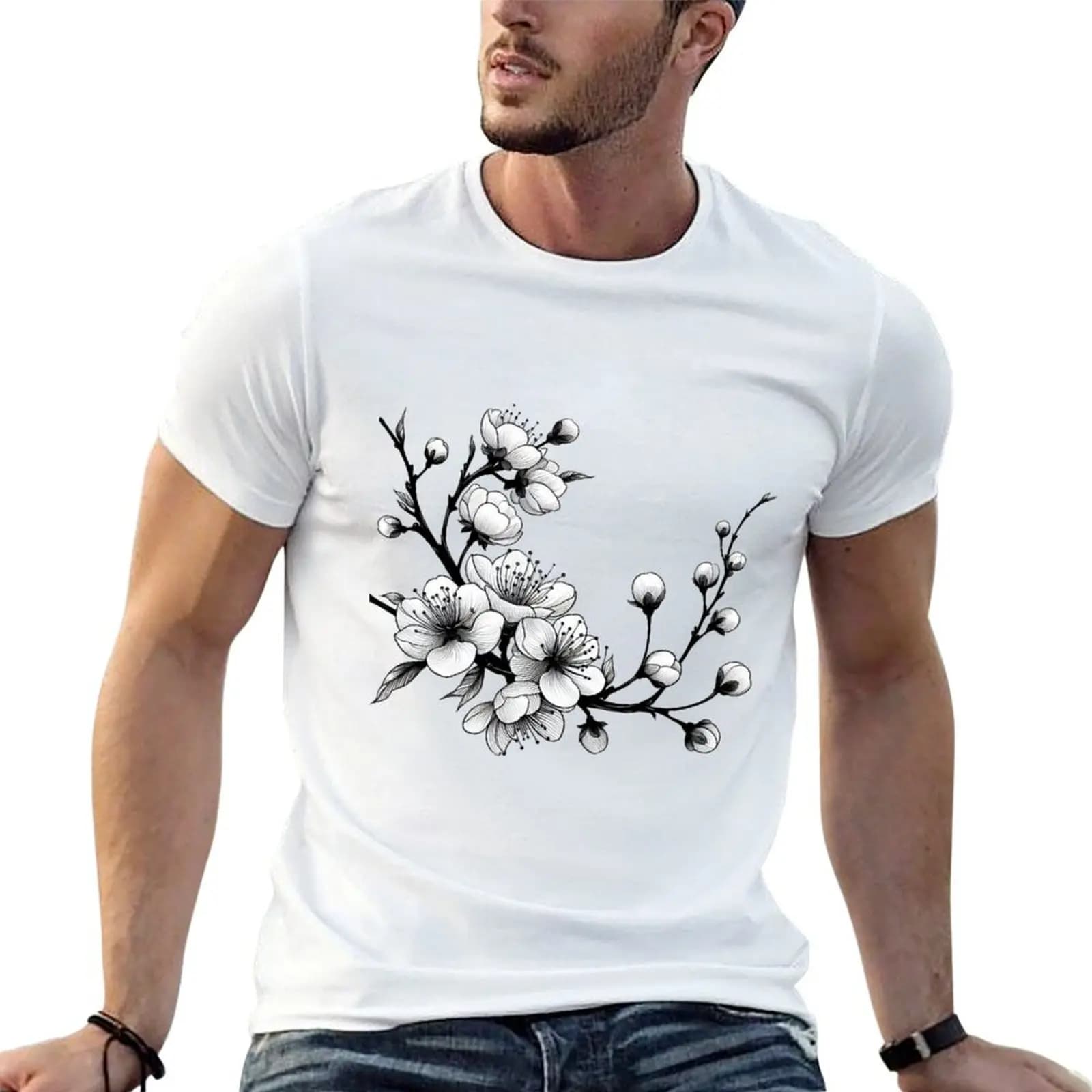 Sakura branch T-Shirt Active Sports Short Sleeve Cotton Shirt