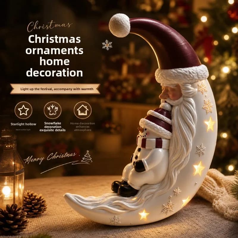 New Handmade Santa Snowman Moon Figurine – Glowing Holiday Atmosphere Resin Home Decor Ornament