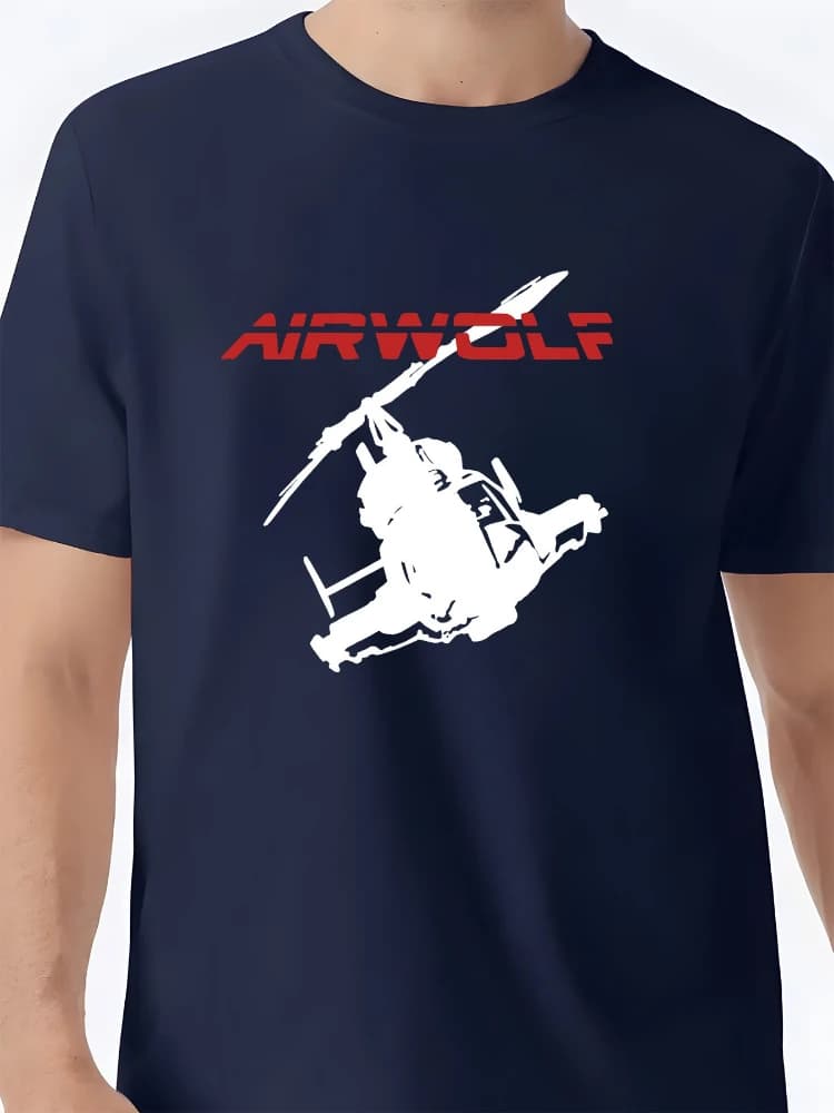 Men's casual T-shirt with Air Wolf helicopter pattern, O-neck, short sleeves and 100% cotton printed T-shirt in summer.