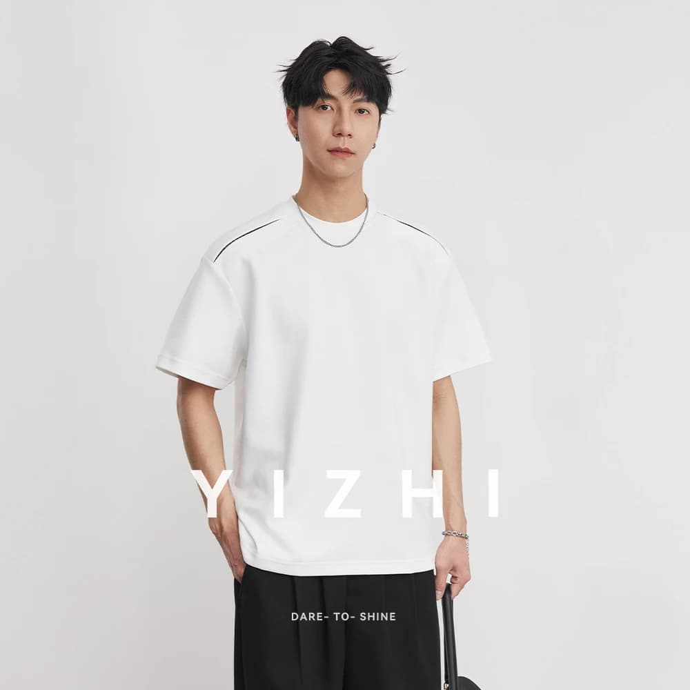 Men's Heavyweight 270g Patchwork Stitch T-Shirt 2026 Summer Crew Neck Plaid Slightly Loose Casual Commute Short Sleeve