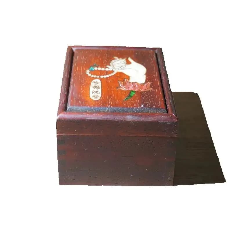 Antique Chinese Wooden Jewelry Box with Mother-of-Pearl Guanyin Lotus Hand Pattern Pear Wood Storage Case for Valuable Items