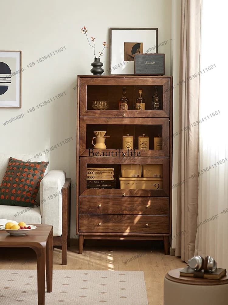 PJ North American Black Walnut Nordic Simple Solid Wood Glass Display Cabinet Household Wall Side Cabinet