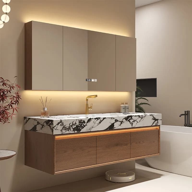 Bathroom Cabinet with Seamless Sink Retro Red Oak Hot Bending Integrated Bathroom Washbasin Space Saver Storage Home Furniture