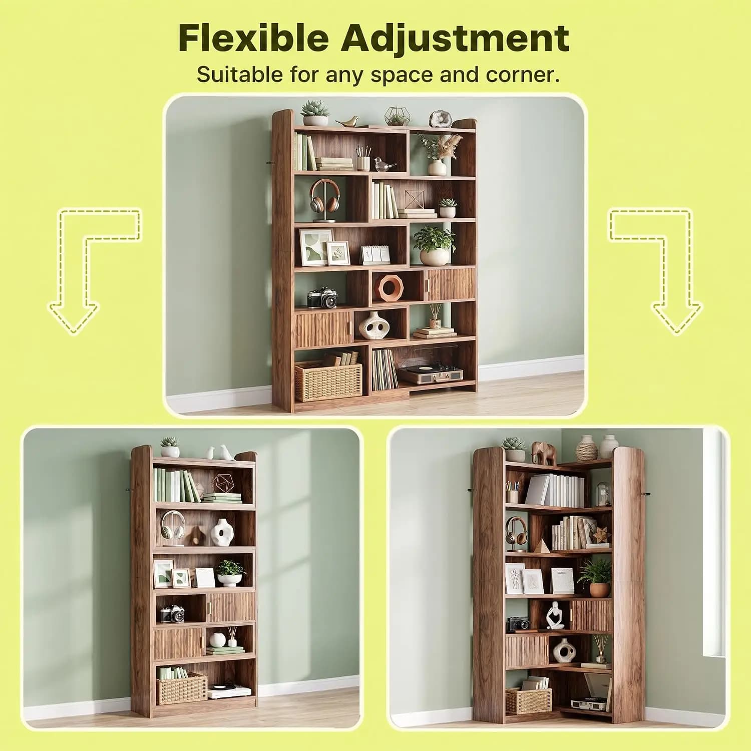 Corner Bookshelf, 75.1" Tall Bookcase with Door, Brown